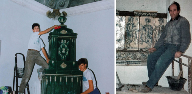 Patrizio Tapparelli a 11 anni impegnato nel primo restauro (Sinistra) e stufa di Sfruz del 1700 restaurata da Roberto Tapparelli nei primi anni del 1980